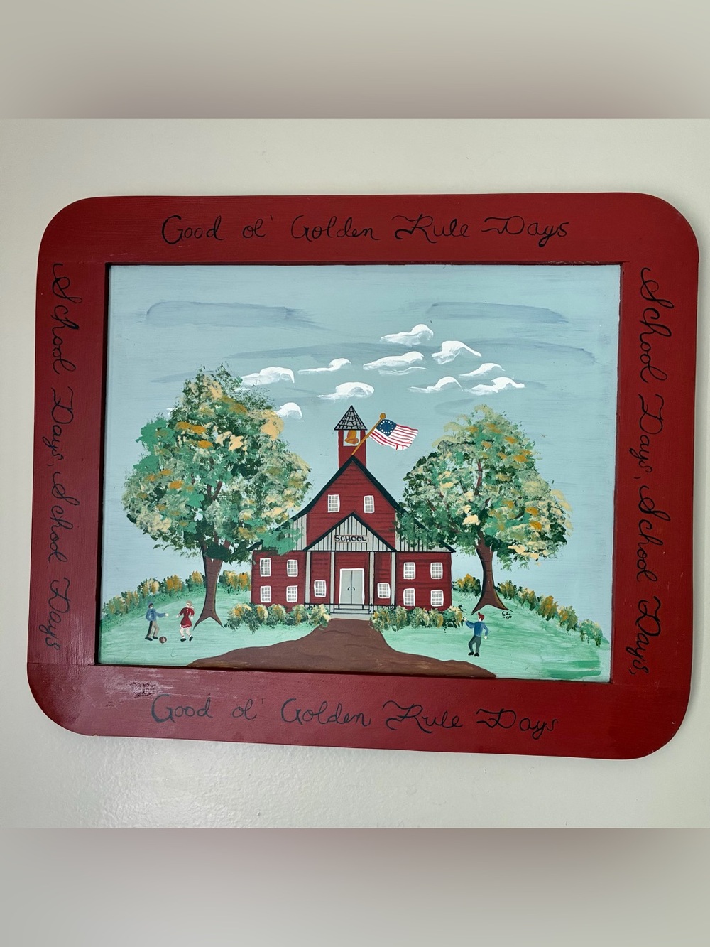 Folk Art Painting Framed Schoolhouse Children American Flag Early American 18x15